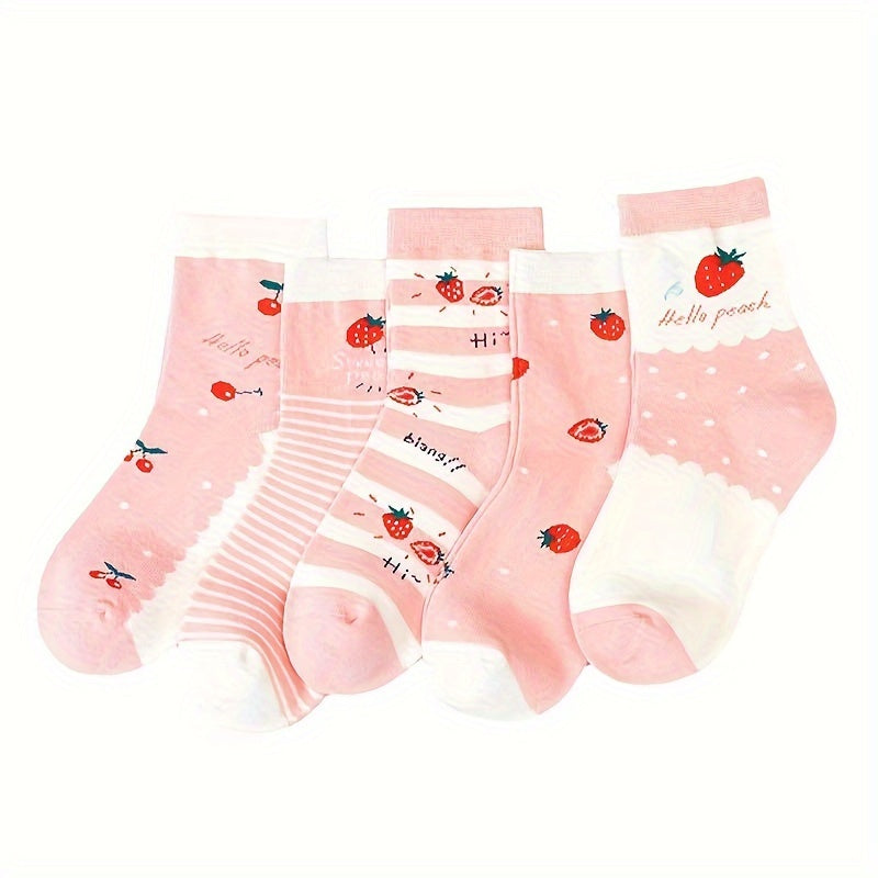 Girl's Cartoon Strawberry Striped Knitted Socks, 5 Pairs