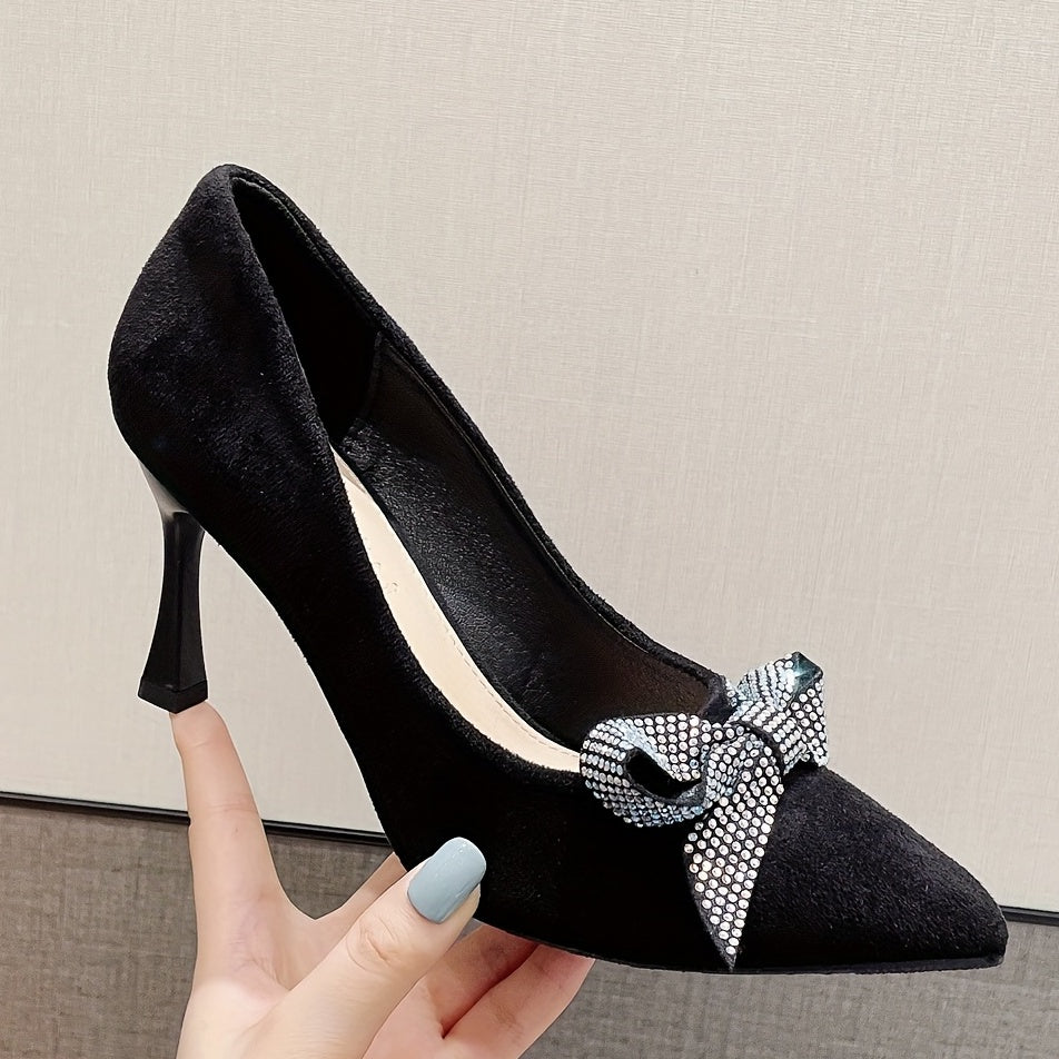 Rhinestone Bow Heels Pointed Toe Slip On Stiletto Party Pump