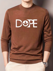 Men's Leaf & Letter Print Knitted Sweater Stretch Long Sleeve Top