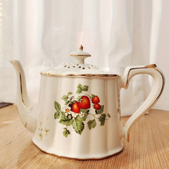 Vintage Strawberry Porcelain Tea Cup and Saucer Set with Golden Trim