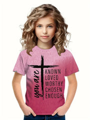 Sweet Girls Cross & Letter Print Short Sleeve T shirt Comfy Tees Pullover