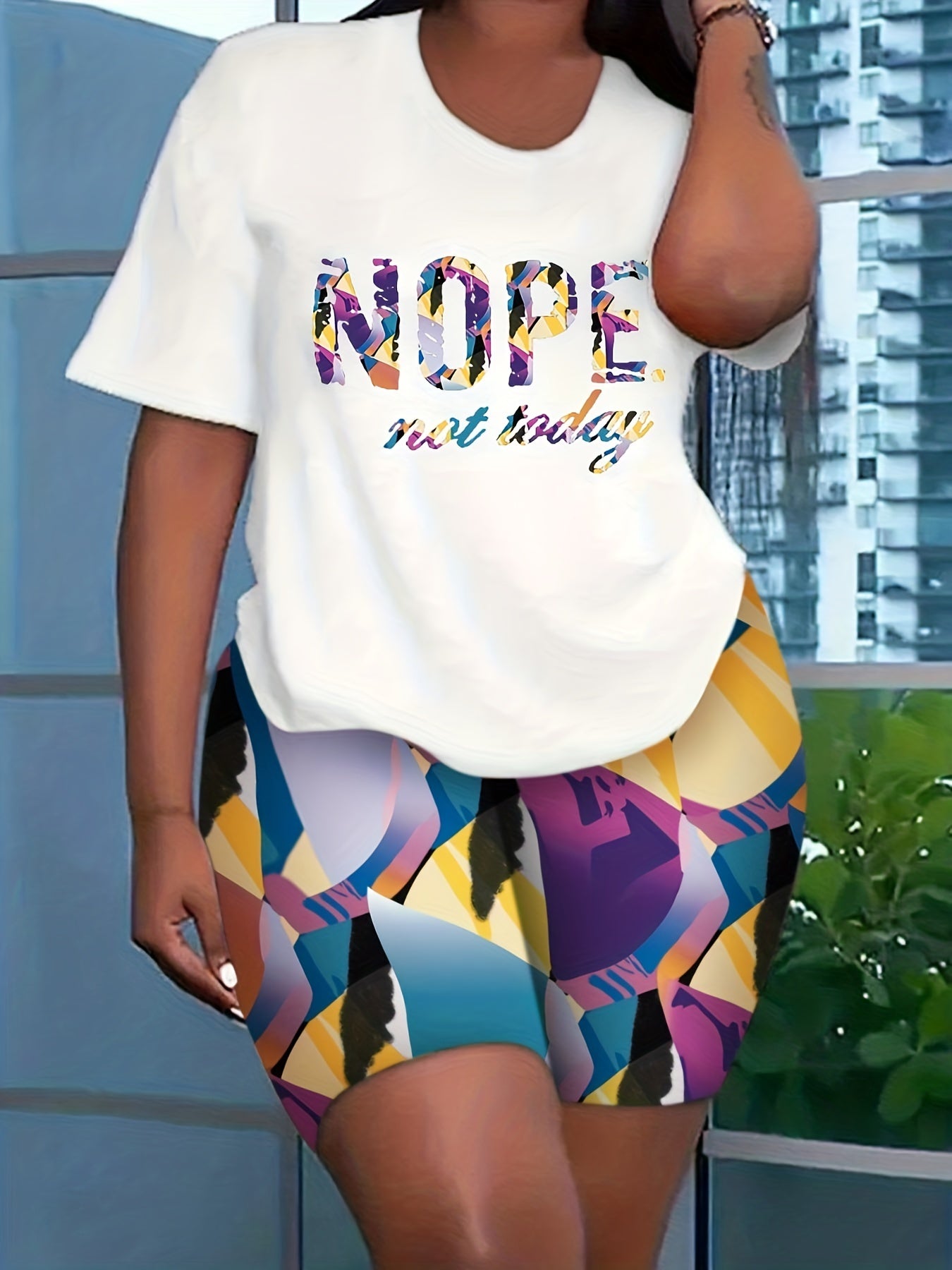 Women's Plus Contrast Letter Tee & Printed Skinny Shorts Two Piece Set