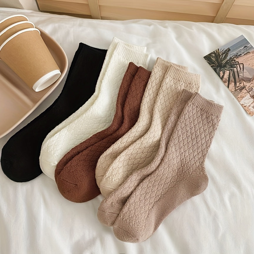 5 Pairs Thick Textured Socks for Women, Comfy & Warm Mid Tube Stockings