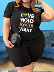 LGBT 2 Piece Set Women's Plus Slogan & Rainbow Stripe P