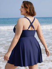 Solid V Neck Cami Dress & Panty Swimsuit Set