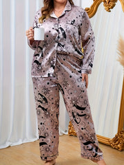 Retro Pajamas Set Long Sleeve Button Up Shirt & Pants 2 Piece Set