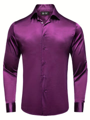 Men's Satin Button-Down Shirt Long Sleeve Casual Solid Prom Wedding Fit