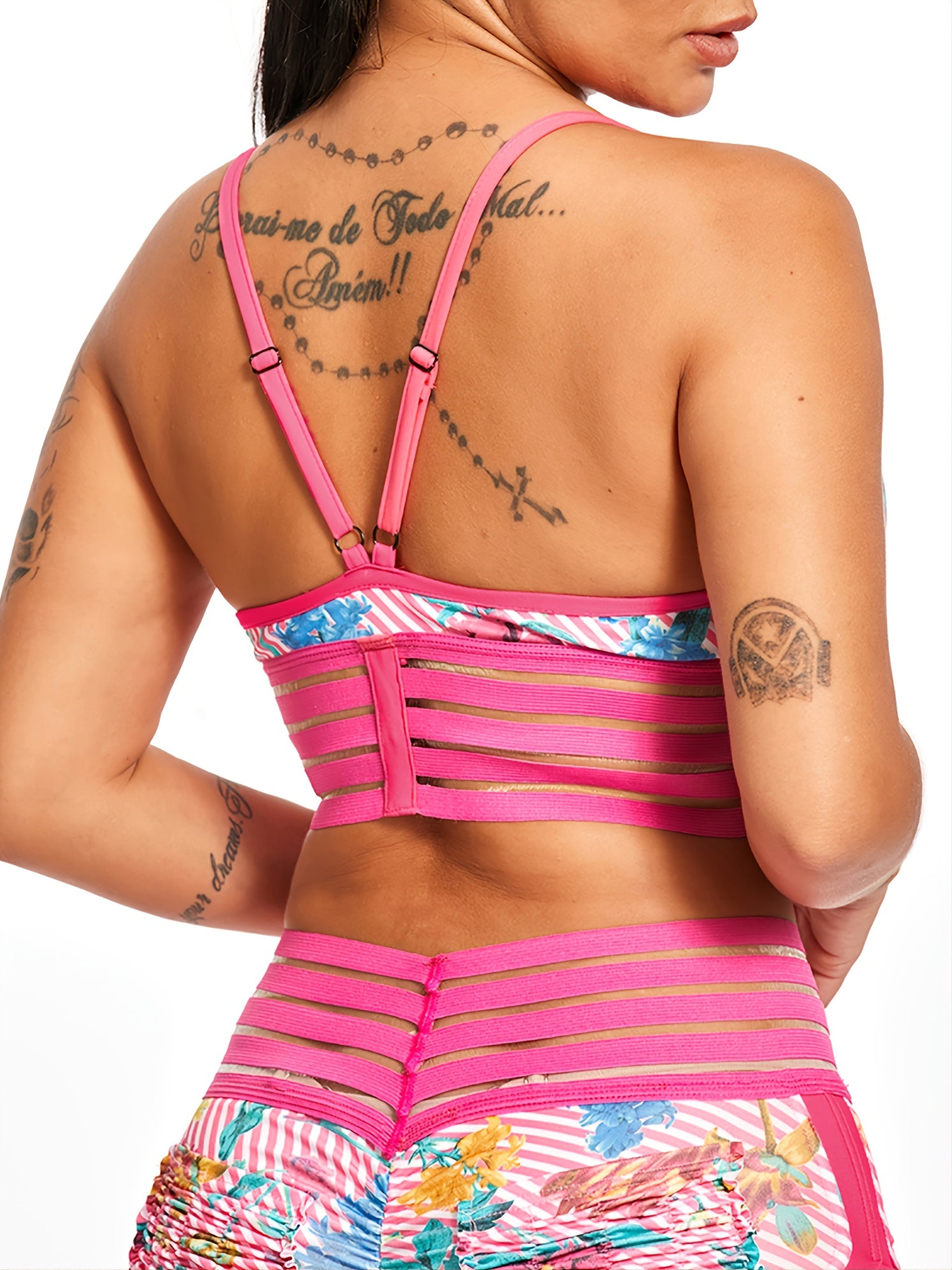 Floral Print Sports Bra with Contrast Lace and Striped Design