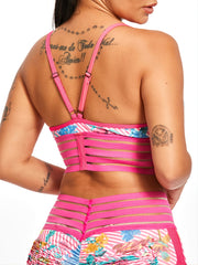 Floral Print Sports Bra with Contrast Lace and Striped Design