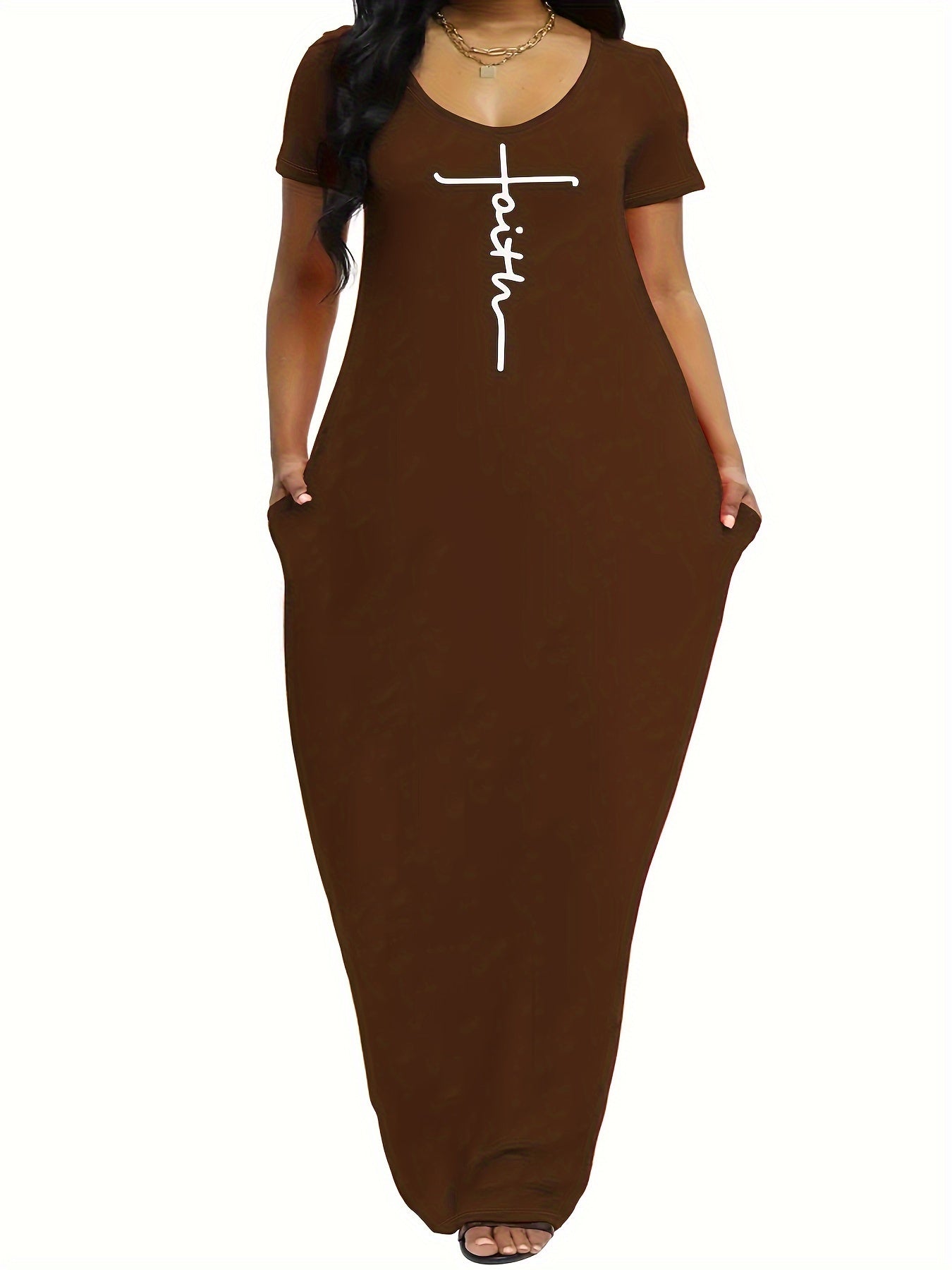 Letter Print Short Sleeve V Neck Maxi Dress