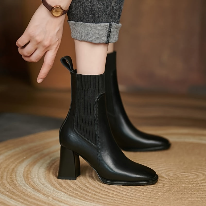 Square Toe Mid Calf Chunky Heeled Boots