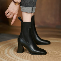 Square Toe Mid Calf Chunky Heeled Boots