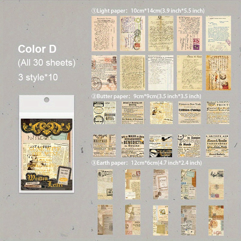 30 Vintage Patterned Art Supplies for Scrapbooking DIY, Washi Stickers