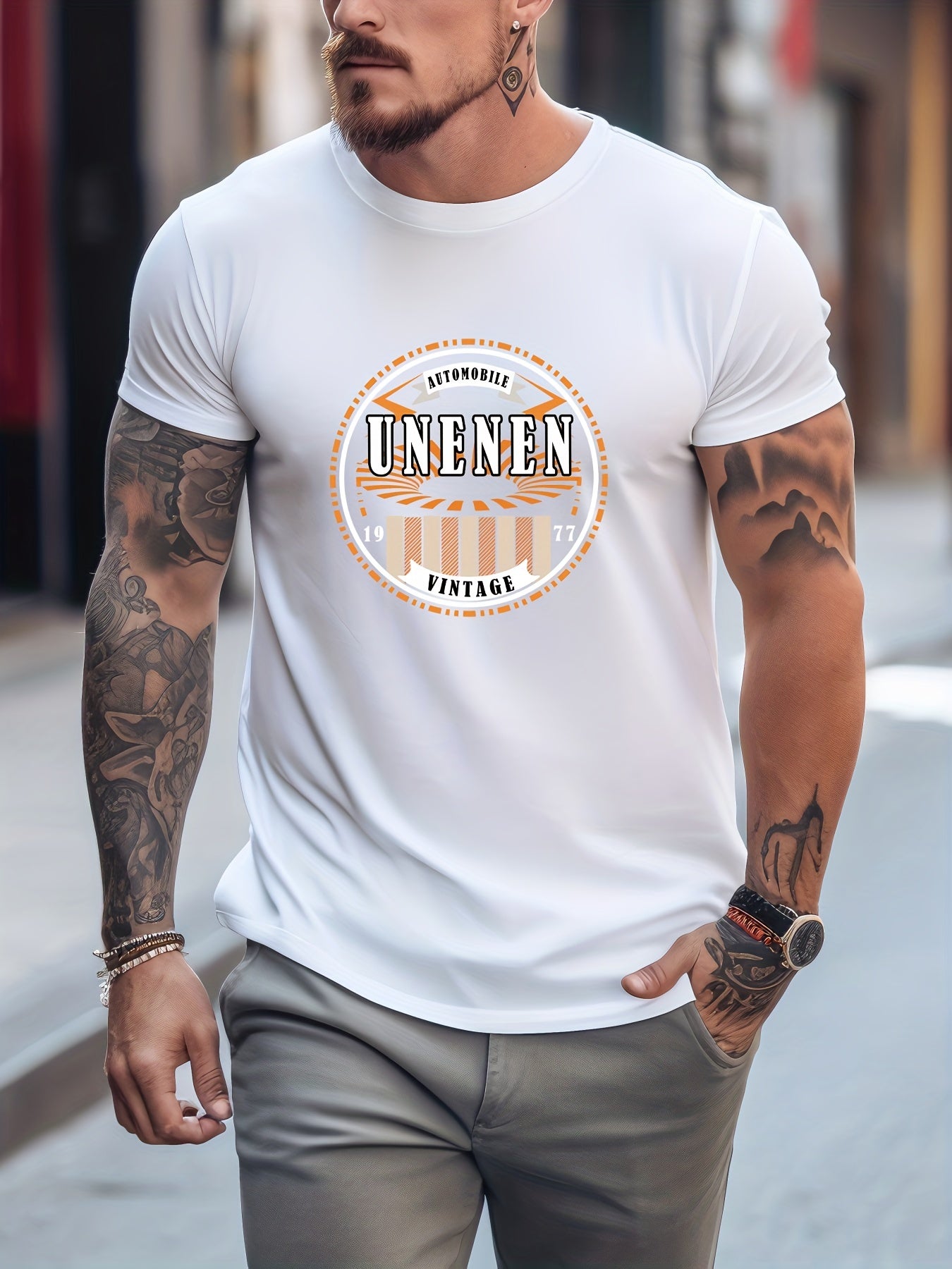 Retro Letter Motorcycle Print Men's Graphic Crew Neck T-shirt