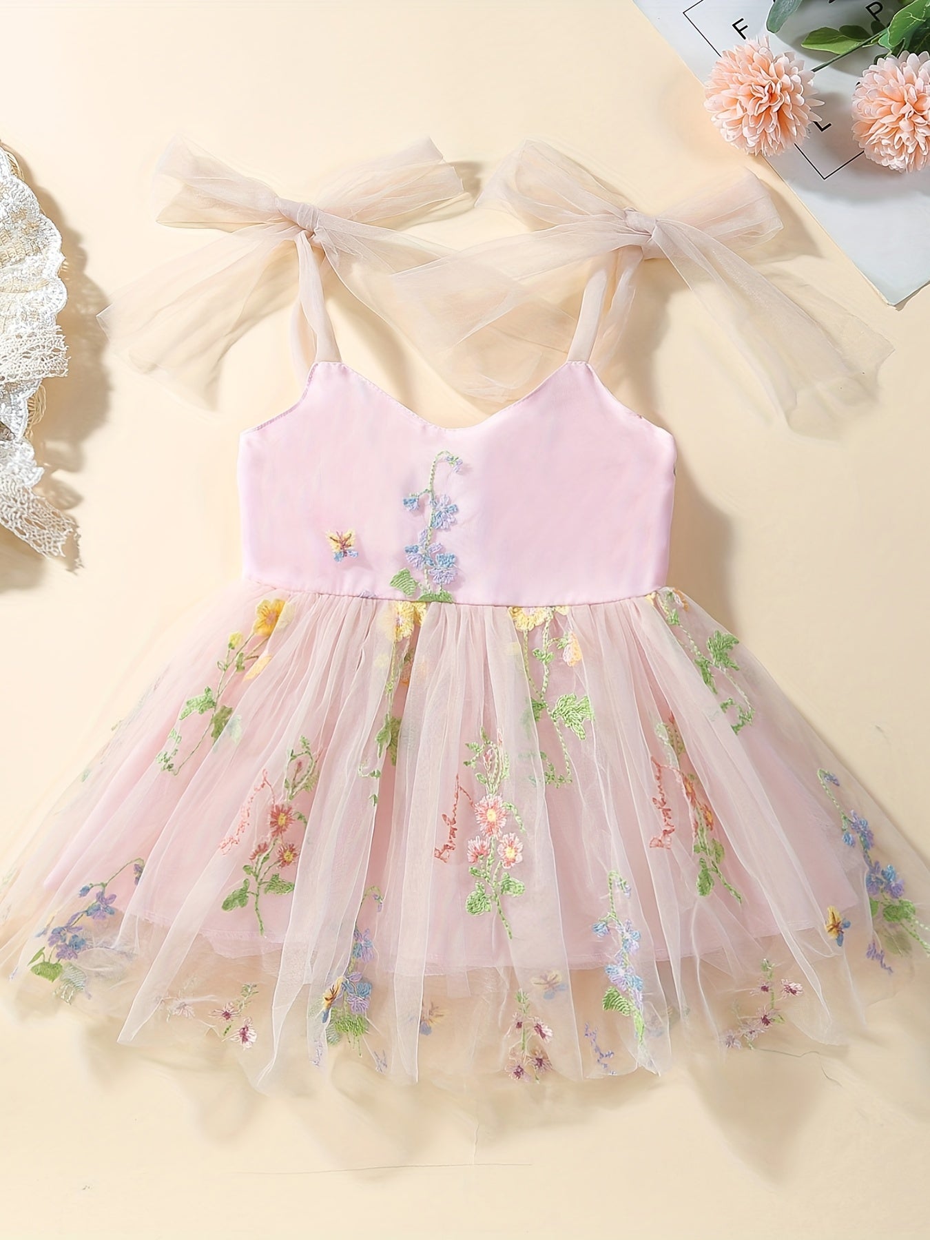 Toddler Girls Lace Up Princess Dress With Floral Embroidery