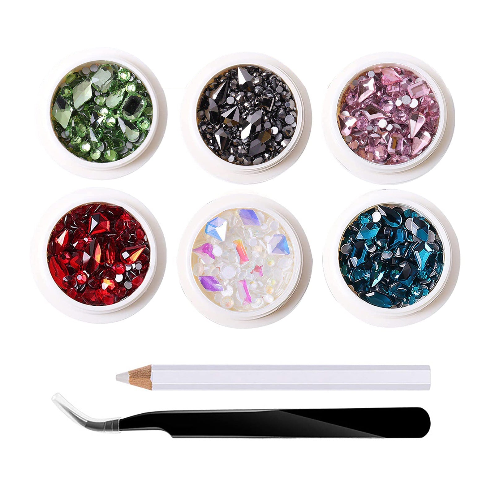 6 Boxes Nail Art Rhinestones Set with Drill Pen and Tweezers