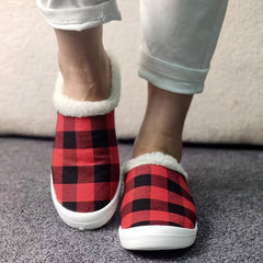 Women's Red Plaid Winter Slip-On Sneakers Lightweight Comfortable Flat Shoes