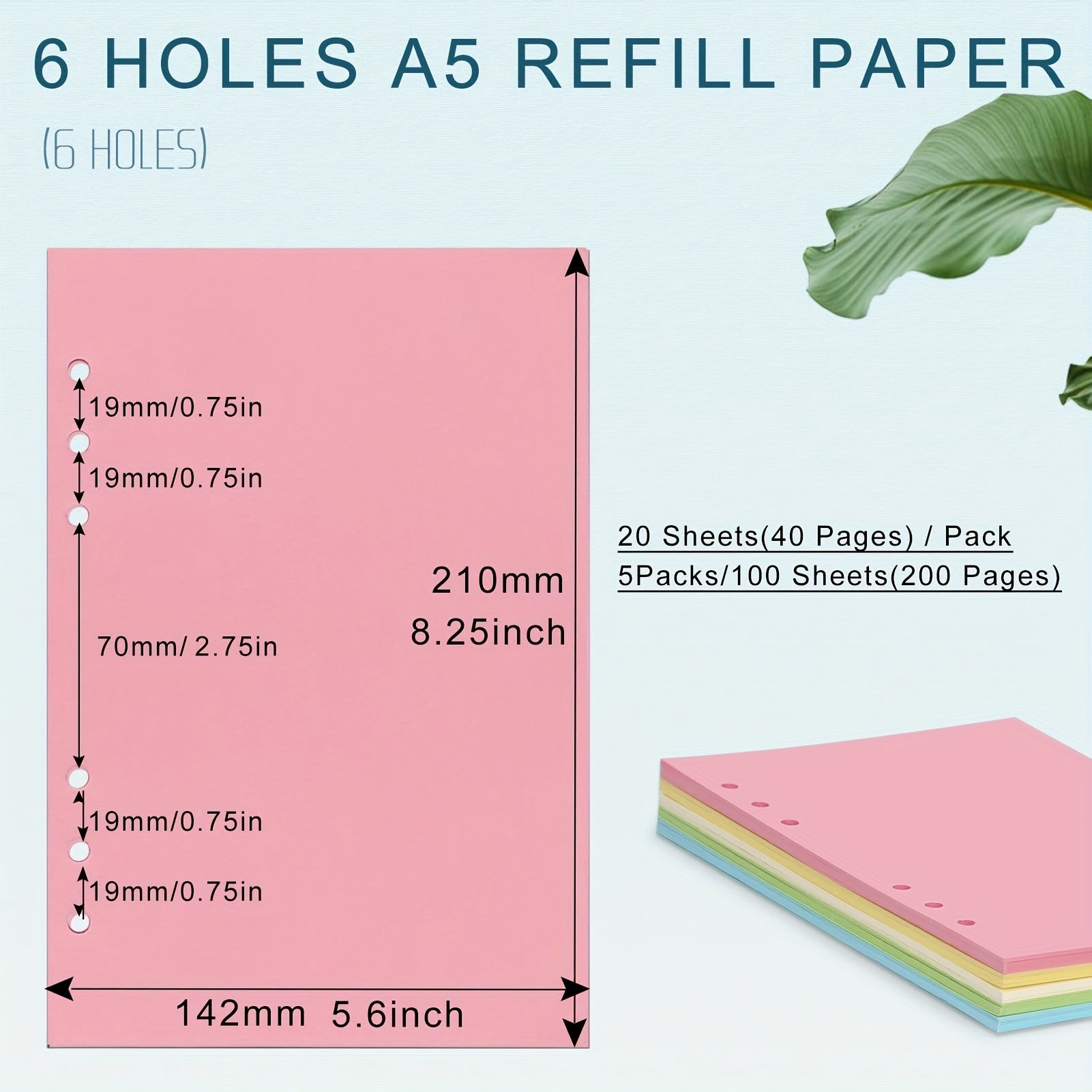 100 Sheets A5 Colorful Refill Paper 6 Hole Filler Inserts