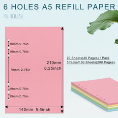 100 Sheets A5 Colorful Refill Paper 6 Hole Filler Inserts