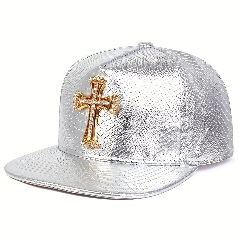 Rhinestone Metal Cross Baseball Cap Solid PU Leather Hip Hop Sports Hats