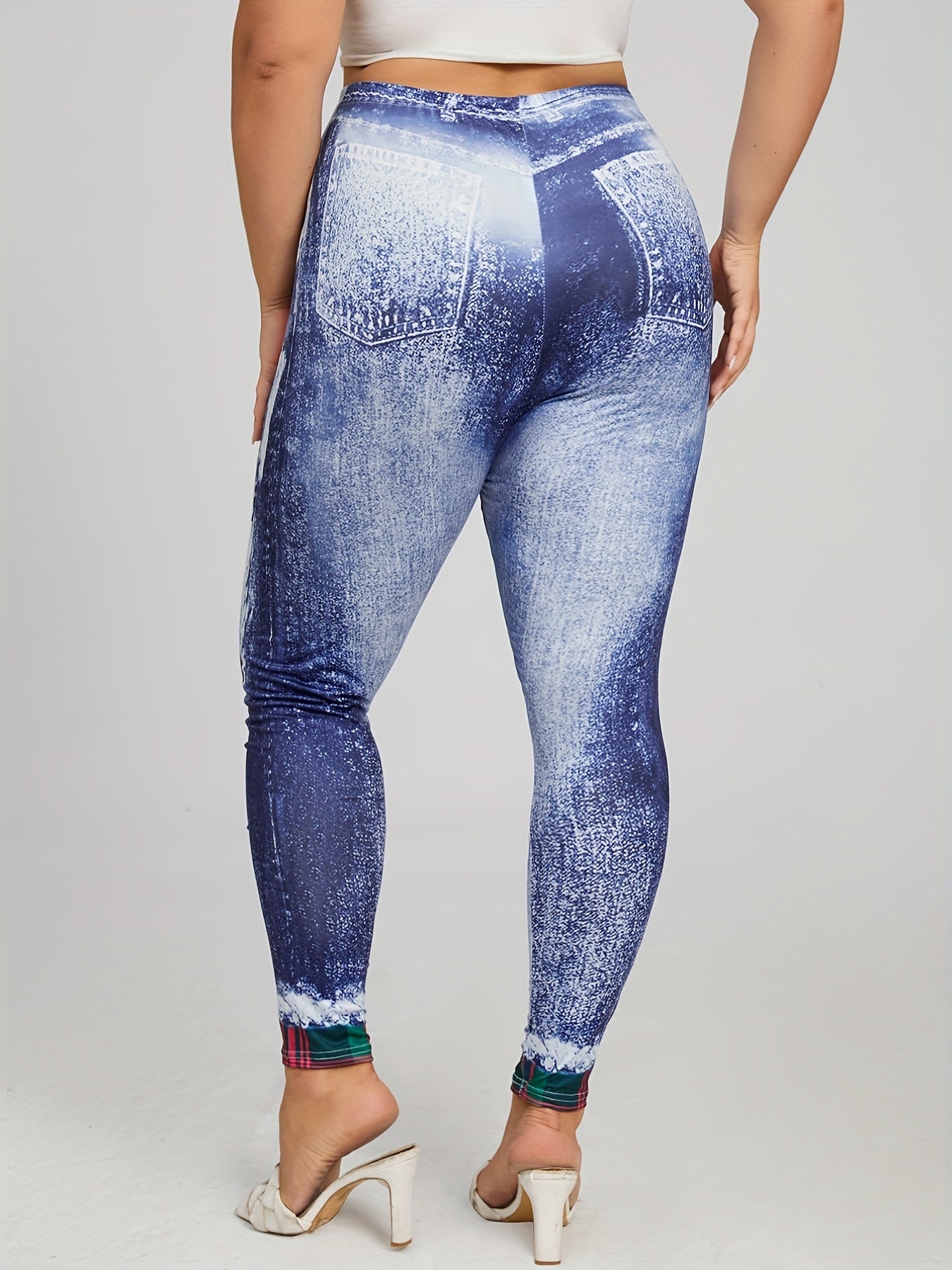 Denim & Plaid Print Skinny Leggings