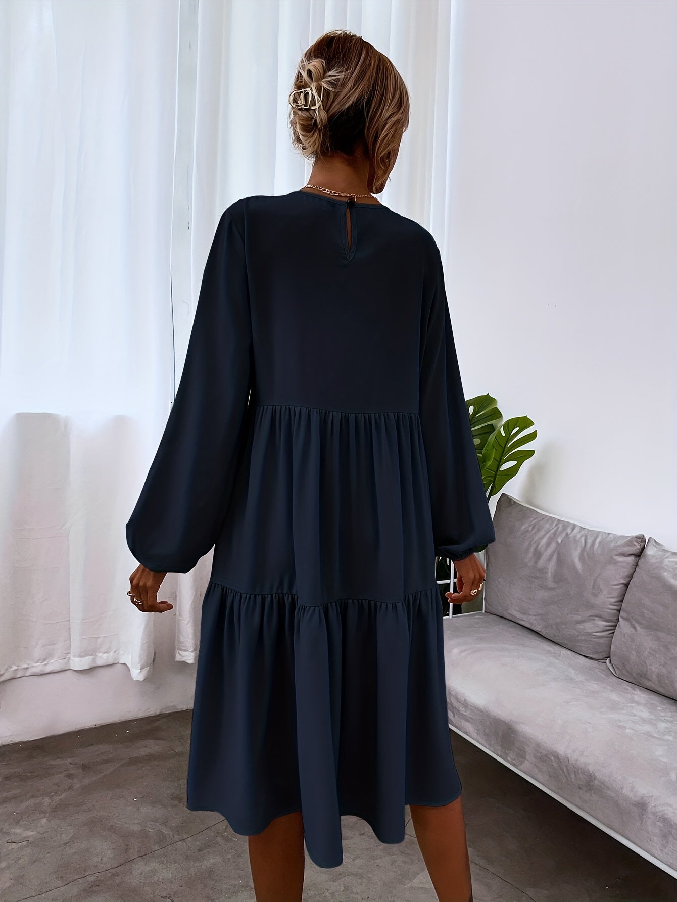 Tiered Solid Dress Casual Crew Neck Lantern Sleeve Dress
