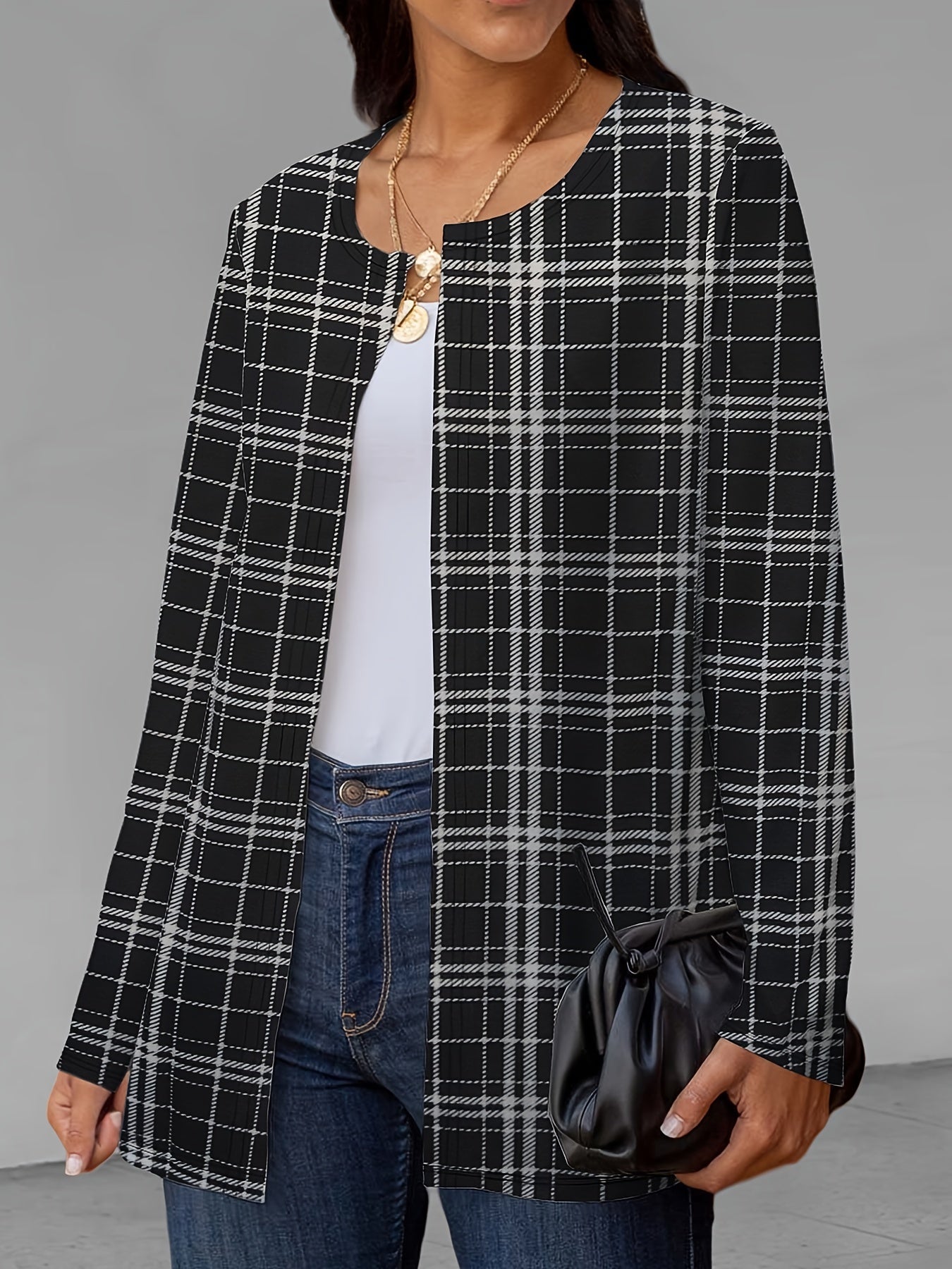 Plaid Print Open Front Jacket Long Sleeve Outerwear
