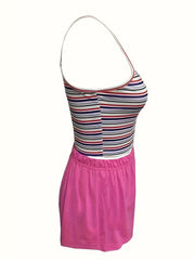 Colorblock Striped Pajama Set Sleeveless Cami Top & Shorts Women's Loungewear