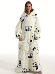 Oversized Fleece Hooded TV Blanket Women's Panda Pattern Robe