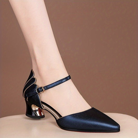 Women's Chunky Heels Point Toe Buckle Strap Pumps