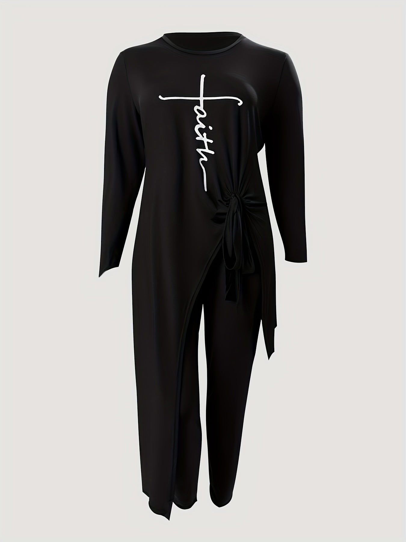 Letter Print Side Knot Shirt & Pants Set Women's Plus Casual Outfits