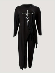 Letter Print Side Knot Shirt & Pants Set Women's Plus Casual Outfits