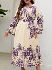 Floral Print Bell Sleeve Plus Size Maxi Dress With Belt