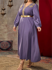 Abaya Dress Women's Plus Solid Applique Long Sleeve V Neck Maxi Jalabi