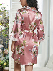 Floral Print Night Robe Lace Trim Long Sleeve Lounge Robe