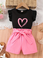 Girls Heart Print Sleeveless Top & Bow Shorts Set for Summer