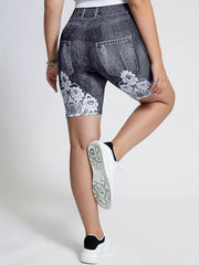 Denim Print High Waist Leggings Casual Leggings For Spring & Summer