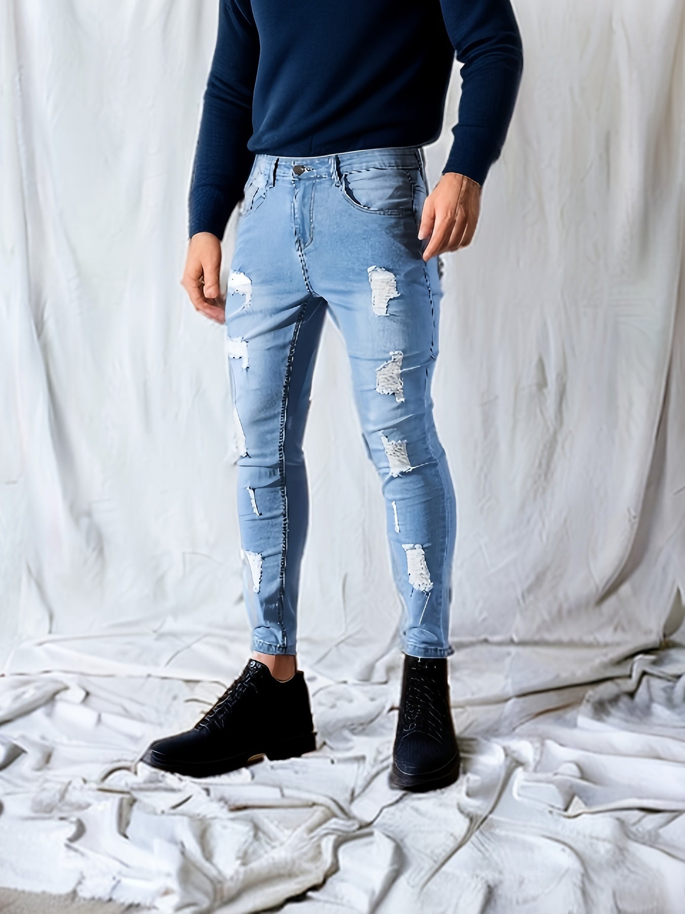 Men's Ripped Skinny Jeans Casual Street Style High Stretch Denim Pants