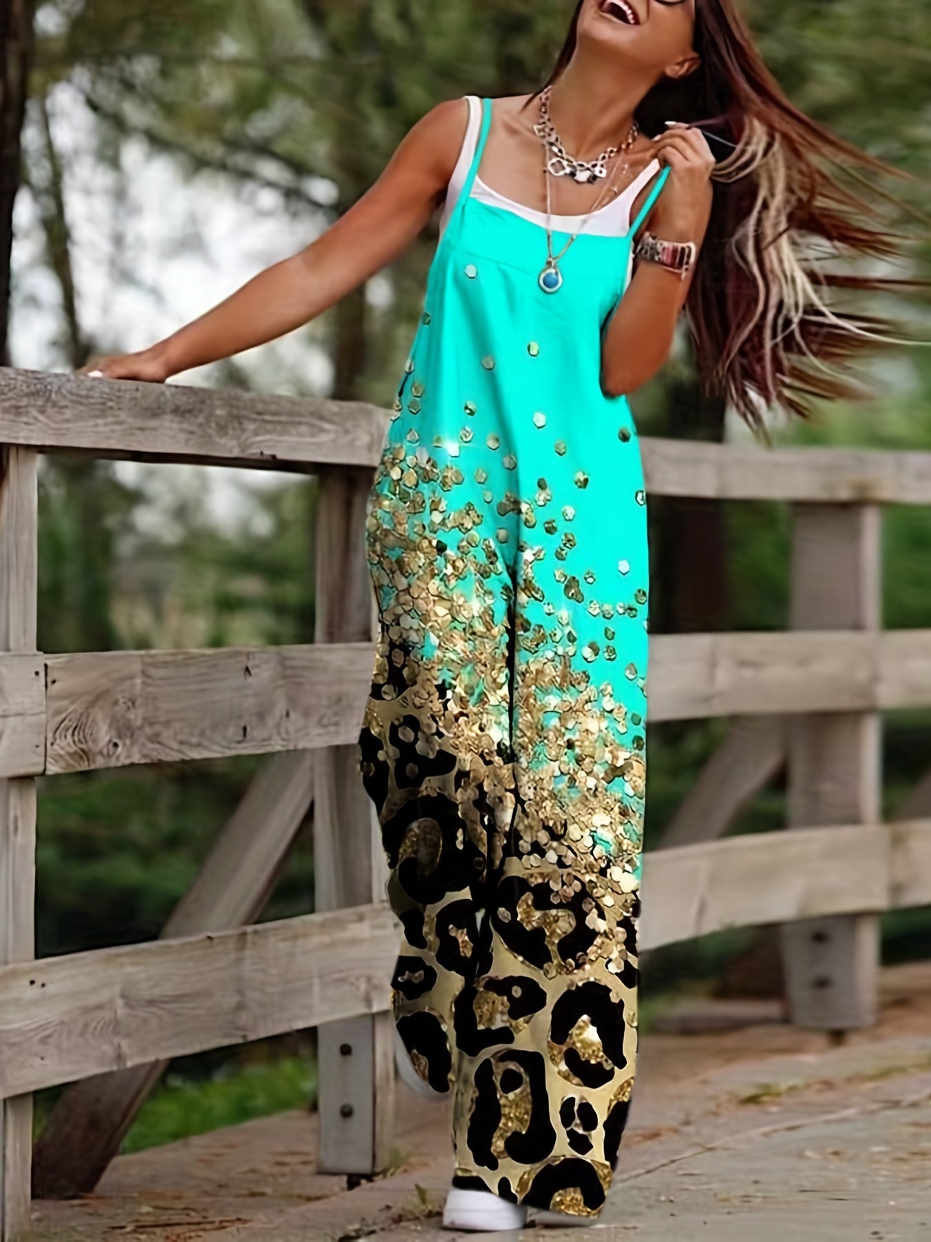 Graffiti Print Wide Leg Jumpsuit Spaghetti Strap Sleeveless