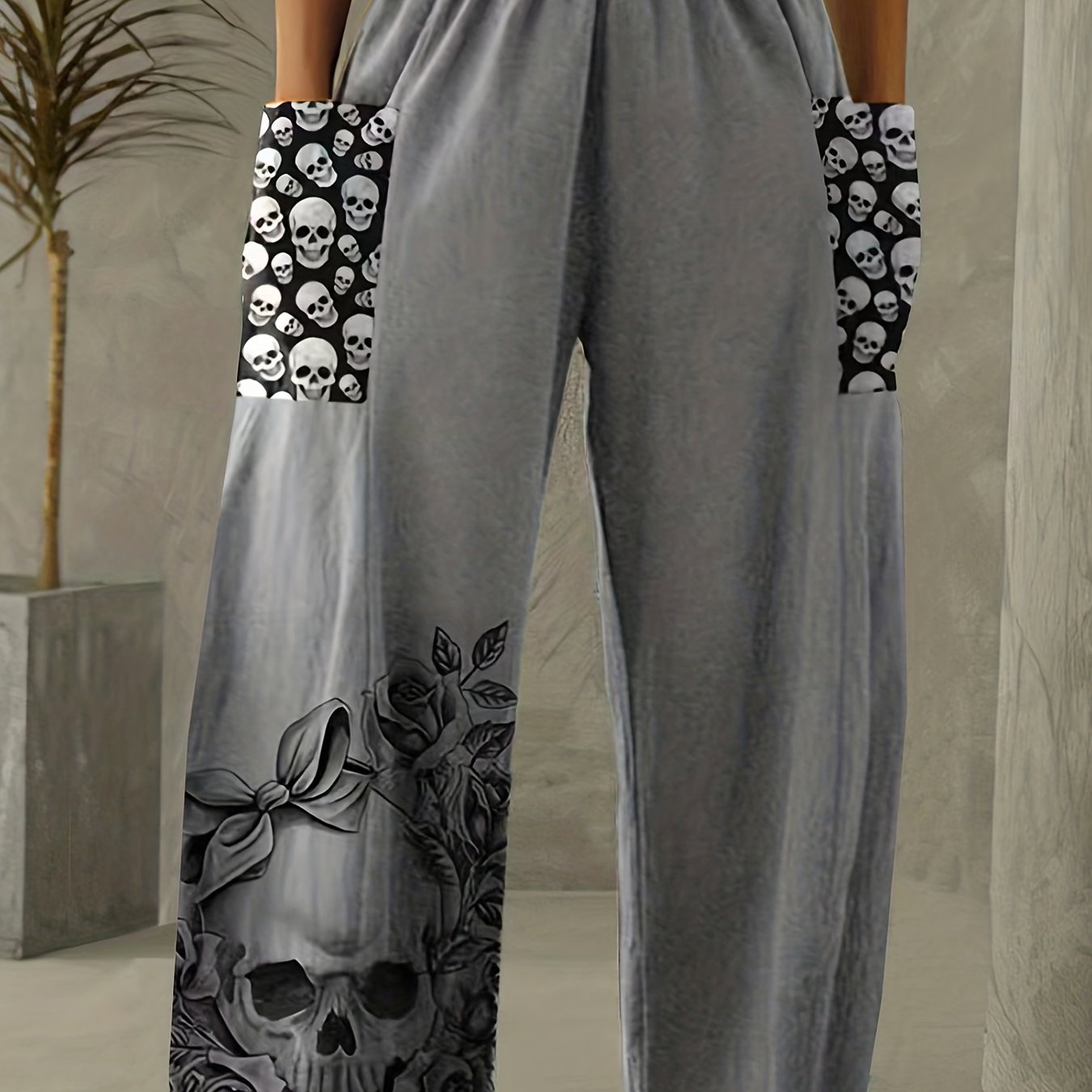 Skull Pattern Wide Leg Pants Casual Loose Pants