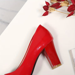 Red Chunky High Heels Pointed Toe Patent Leather Slip On Court Pumps