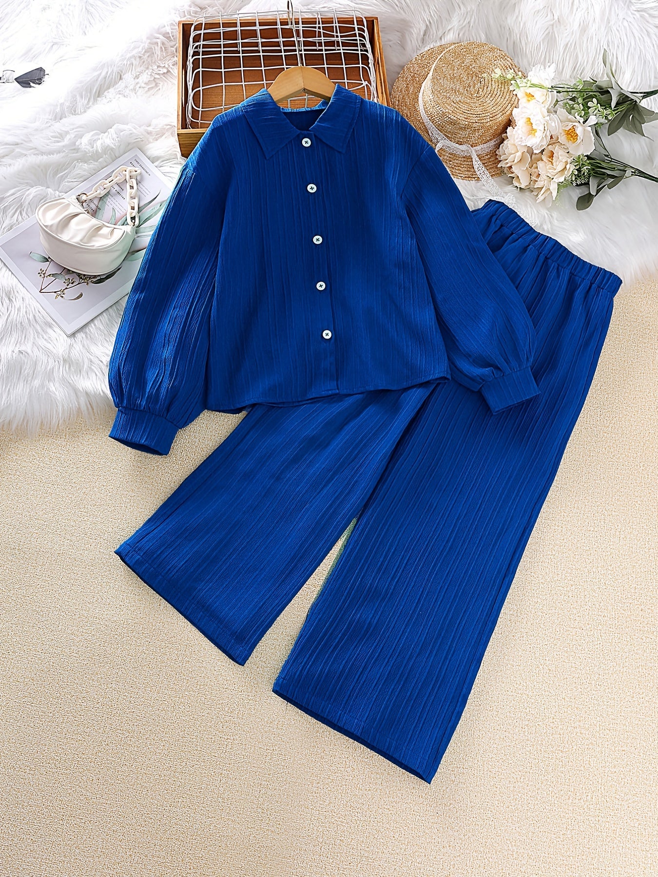 Girls Long Sleeve Button Down Blouse Top & Elastic Waist Wide Leg Pants 2pcs Set