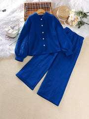 Girls Long Sleeve Button Down Blouse Top & Elastic Waist Wide Leg Pants 2pcs Set