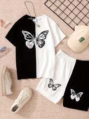 Girls Butterfly Graphic T Shirts & Shorts Set Kids Summer Clothes