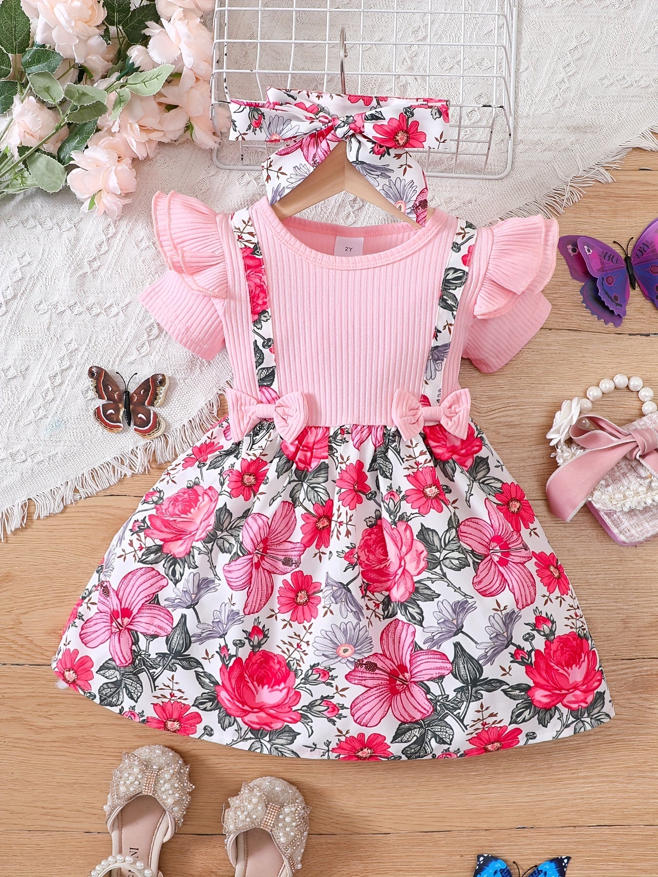 Toddler Girls Butterfly Graphic Suspenders Spliced Princess Dress