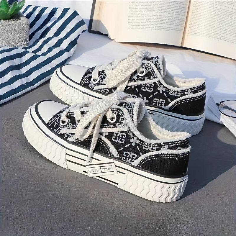 Women's Platform Canvas Print Lace Up Low Top Shoes