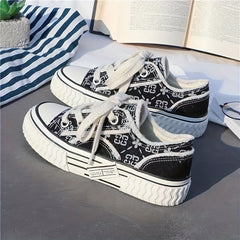 Women's Platform Canvas Print Lace Up Low Top Shoes