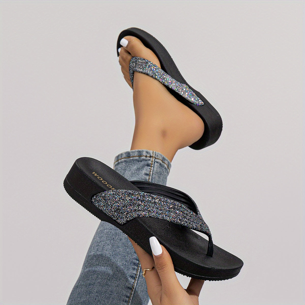 Women's Rhinestone Flip Flops Open Toe Wedge Sandals