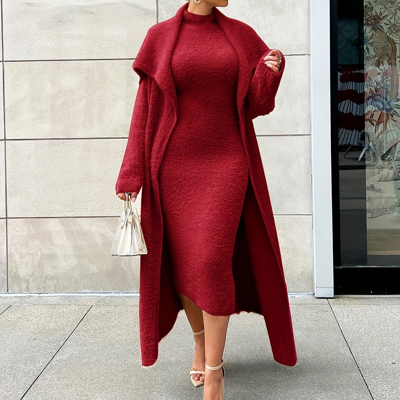 Flannel Shawl Cardigan & Mock Neck Dress Set