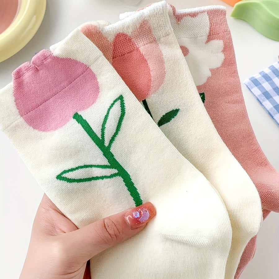 6 Pairs Floral Print Mid Tube Socks Women's Stockings